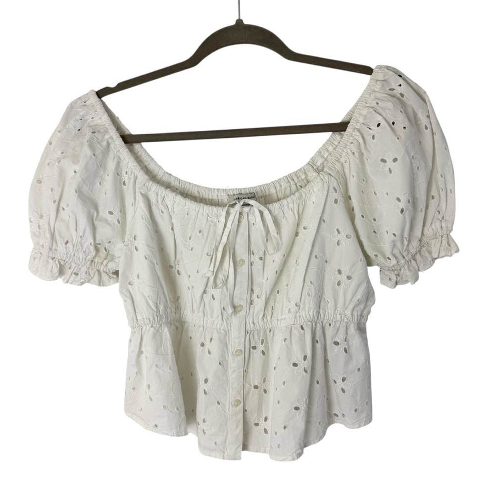 American Eagle White Boho Eyelet Cropped Button Down Blouse Puff Sleeves Size M